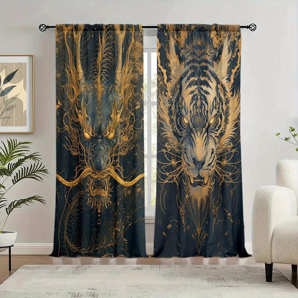 2pcs Dragon Tiger Battle Printed Curtain for Home Decor - Rod Pocket Window Treatment for Bedroom, Office, Kitchen, Living Room