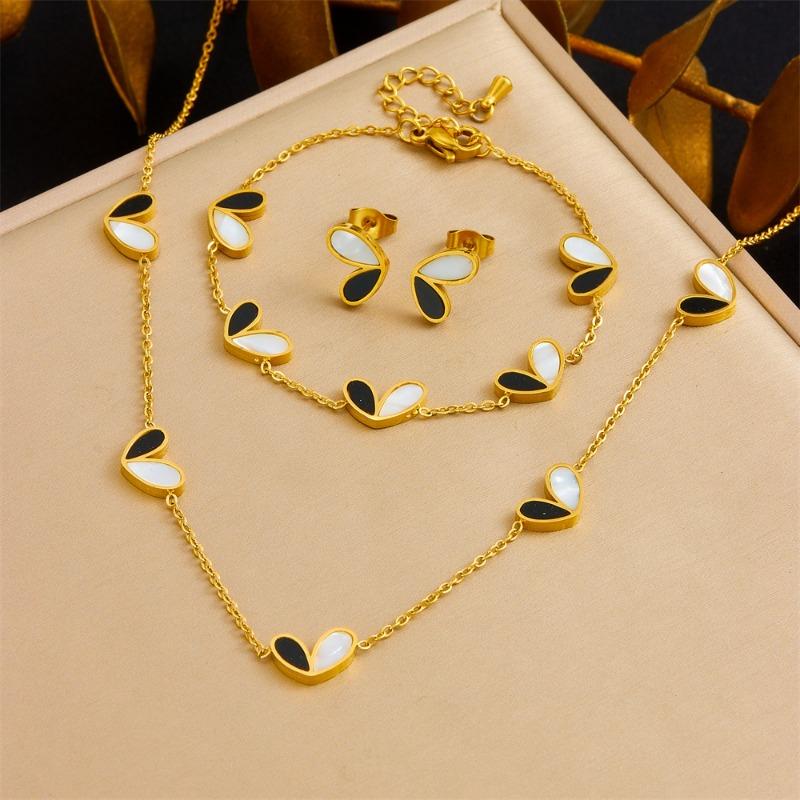 Gold Black White Heart Jewelry Set Necklace Bracelet Earrings for Women