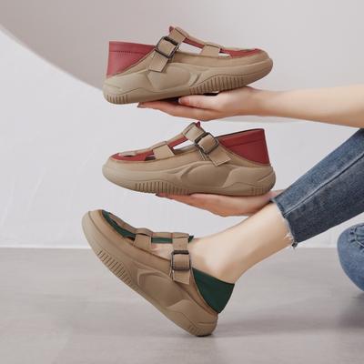 Baotou Sandals Women's Summer New Retro Color Matching Leather Thick-soled Hollow Single Shoes Round Head Muffin Sole Women's Shoes