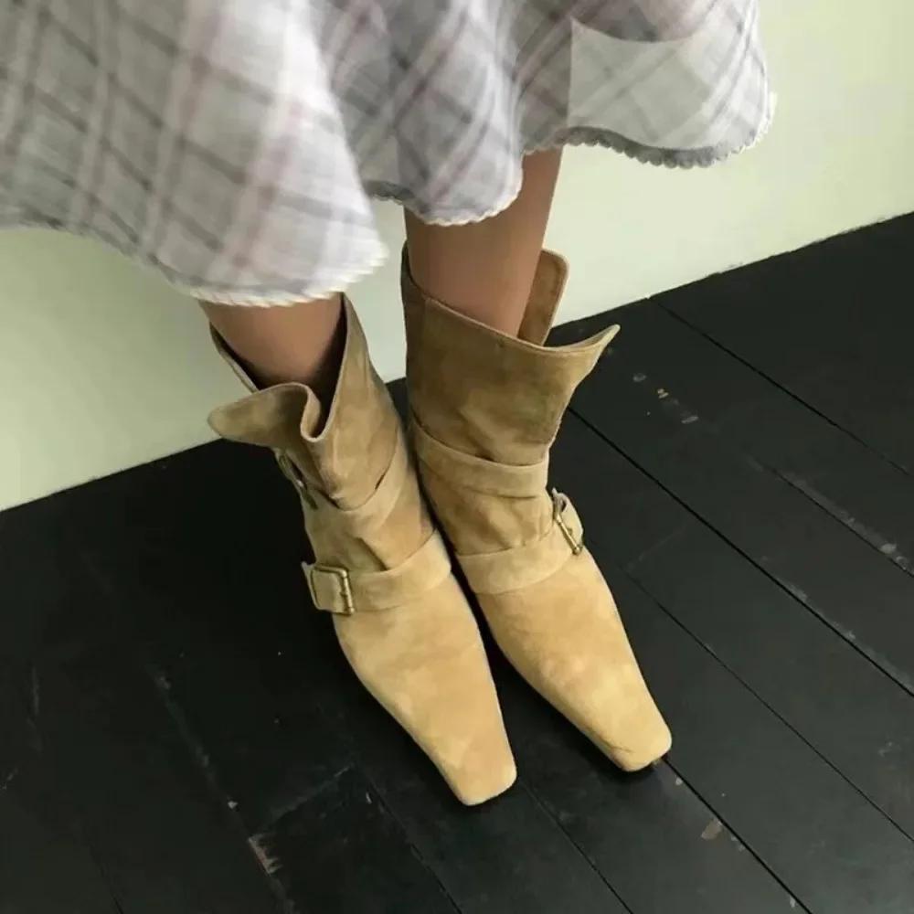 Short Boots Women Autumn/Winter Genuine Leather Suede Square Toe Womens Shoes Two In One Foldable Thick Heel Midsole Boots Woman
