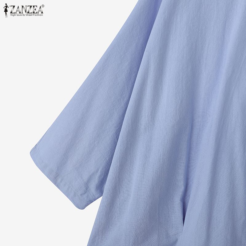 ZANZEA Women Casual Round Neck Solid Color Loose Long Sleeve Cotton Blouse