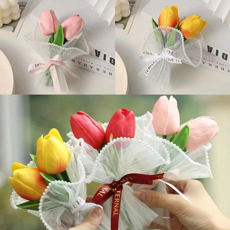 1PC Creative Room Decor Pearl Mesh Fake Flower Bouquet Mini Tulip PU Mini Artificial Flower Bouquet Handicraft Gift Gift Decor