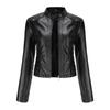 Women Spring Autumn Short Rivet Stand Collar Long Sleeve Zipper Thin Pu Leather Jacket S-3XL