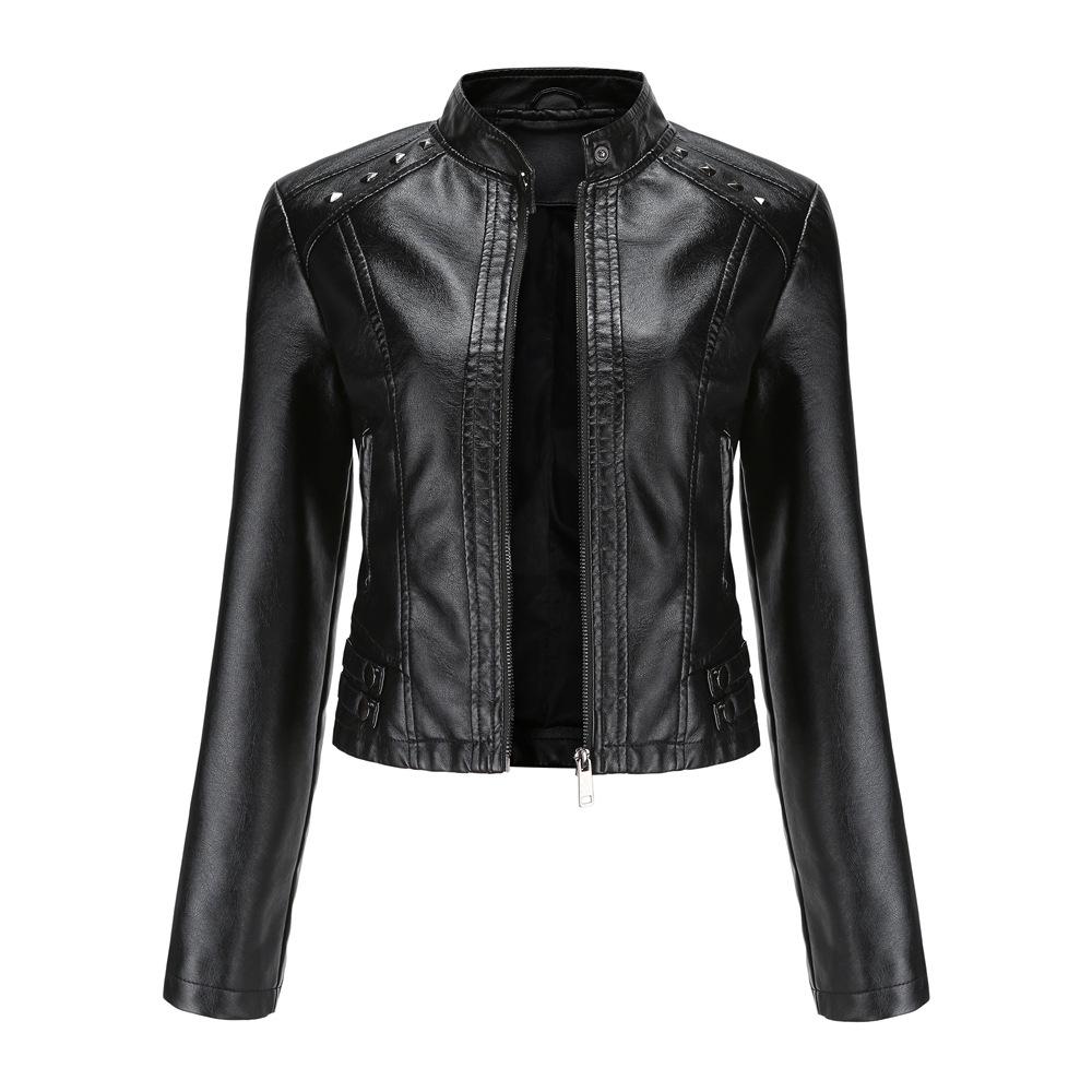 Women Spring Autumn Short Rivet Stand Collar Long Sleeve Zipper Thin Pu Leather Jacket S-3XL