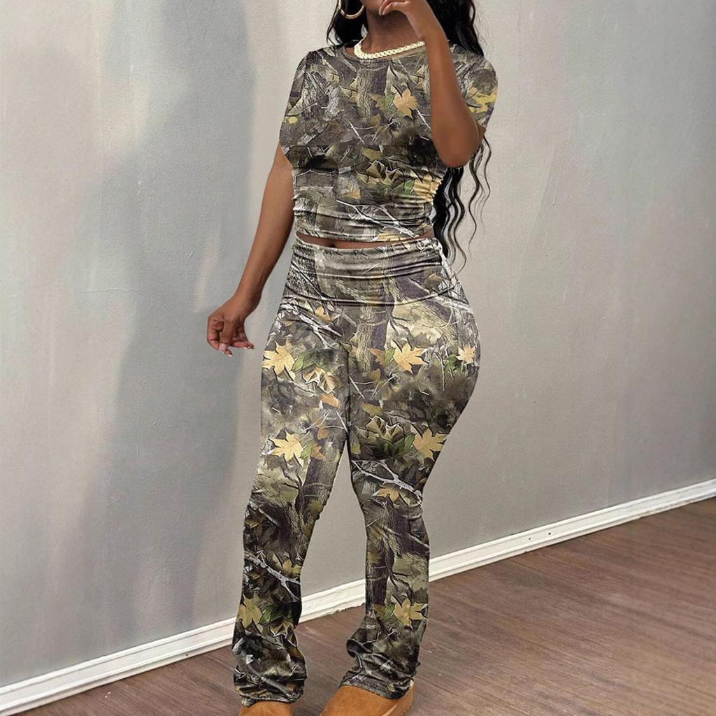 Spring and Autumn new casual fashion random printed short-sleeved T-shirt trousers women's suit