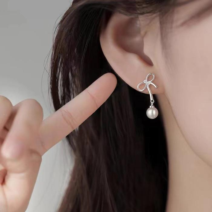 2024 Light Luxury Bow Pearl Stud Earrings: 925 Sterling Silver, Women's Niche Ear Jewelry