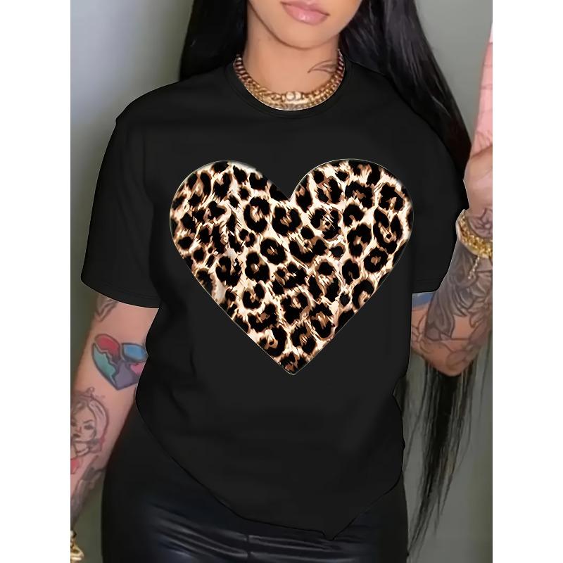 

Women s Plus Leopard Heart Print Short Sleeve T Shirt Casual Round Neck Blouse Comfortable Slight Stretch Fabric Machine Washable 4XL чорний