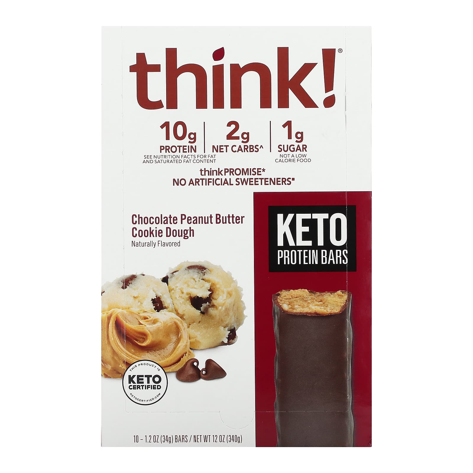 

Think!, Keto Protein Bar, Chocolate Peanut Butter Cookie Dough, 10 Bars, 34G (1.2Oz) Each