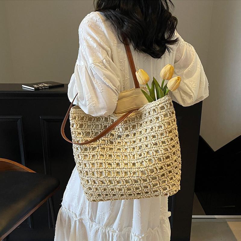 Handwoven Women's Shoulder Bag New Style Summer Large Capacity Beach Vacation Straw Tote Bag Casual Bucket Handbags
