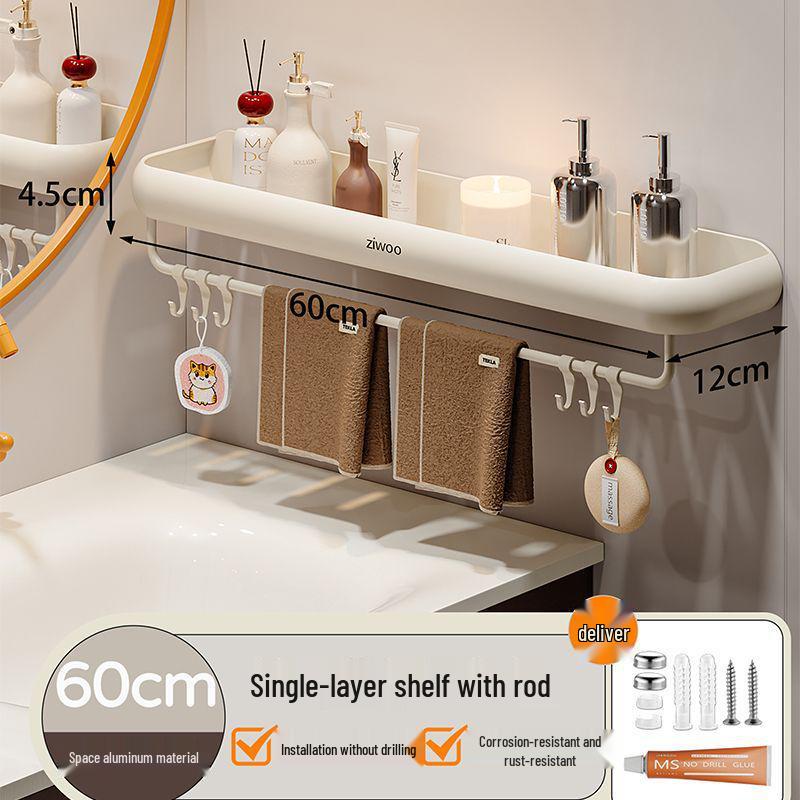 Wall-Mounted Punch-Free Bathroom Shelf for Toiletries and Vanity Storage