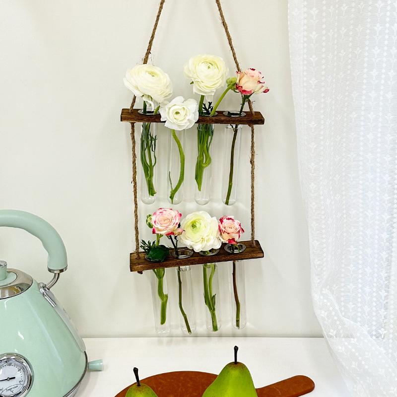 Ins Hydroponic Test Tube Vase Series Wall Mounted Wooden Frame Hydroponics Decorative Container Home Decoration Party Gift Vase