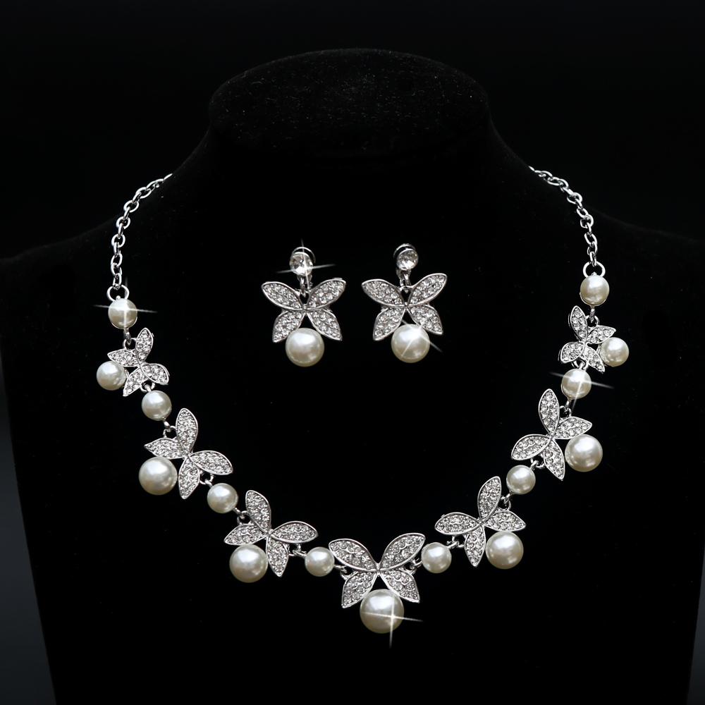 3pcs Soft Romantic Butterfly Imitation Pearl Inlaid Alloy Bridal Necklace Earrings Sweet Wedding Party Formal Wear Jewelry Set