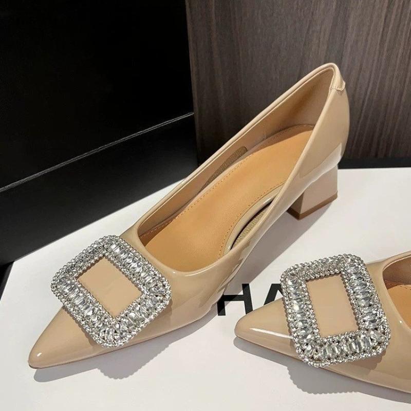 2025 New Metal Crystal Splice Women Pumps Kitten Thick Heel Elegant Party Ladies Shoes Zapatos De Mujer