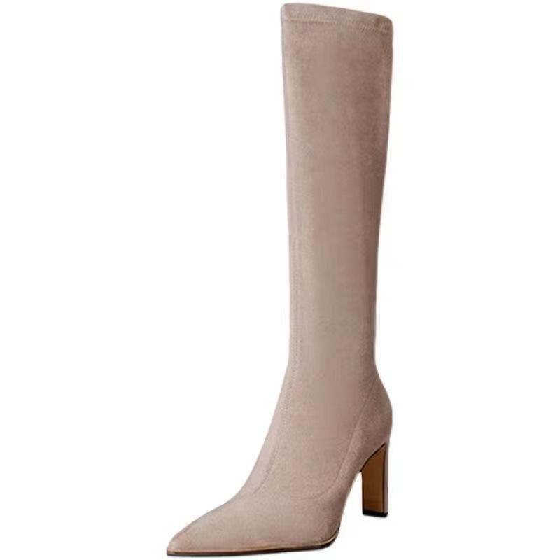 Pointed high-heeled boots for women's autumn new apricot suede elastic but knee thick-heeled high boots