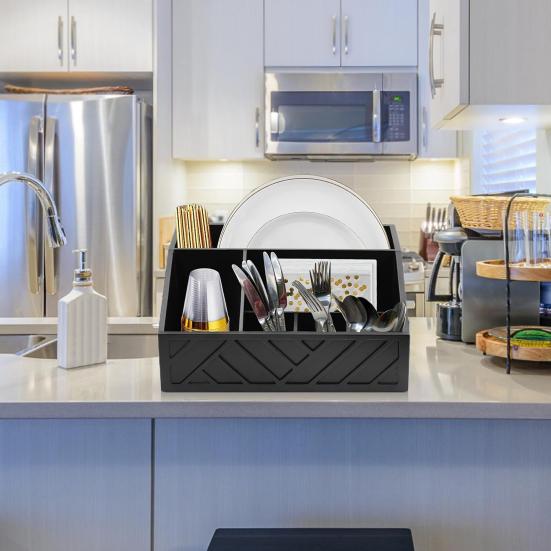 Rustic Wood Paper Plate Dispenser Caddy Organizer Countertop Utensil Holder