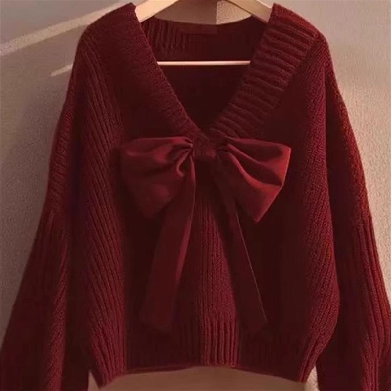 New 2024 Arctic Velvet V-neck Bow Knit Sweater - Soft, Comfortable Acrylic Nylon Top