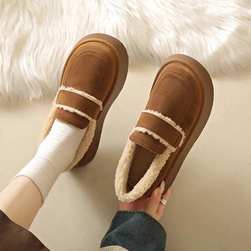 Women's Thick Soled Snow Boots Autumn Winter Plush Boken Shoes Retro Height Increasing Warm Anti Slip Cotton Shoes Loafers