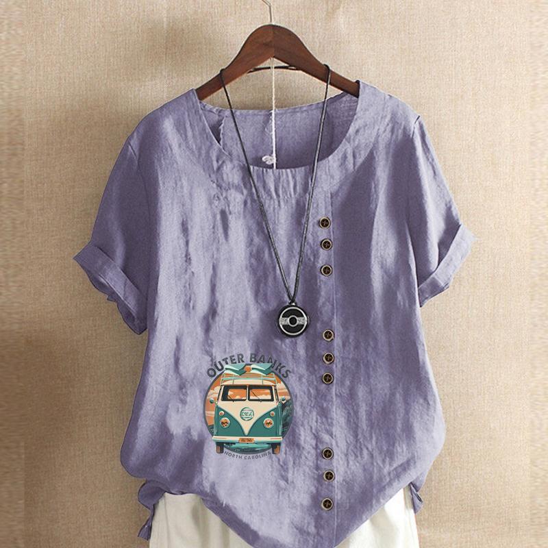 Damenmode Tourenwagen bedruckt Rundhals Kurzarm T-Shirt Lässig Baumwolle Leinen Grafikshirt Freizeit Locker Sommerbluse Tops
