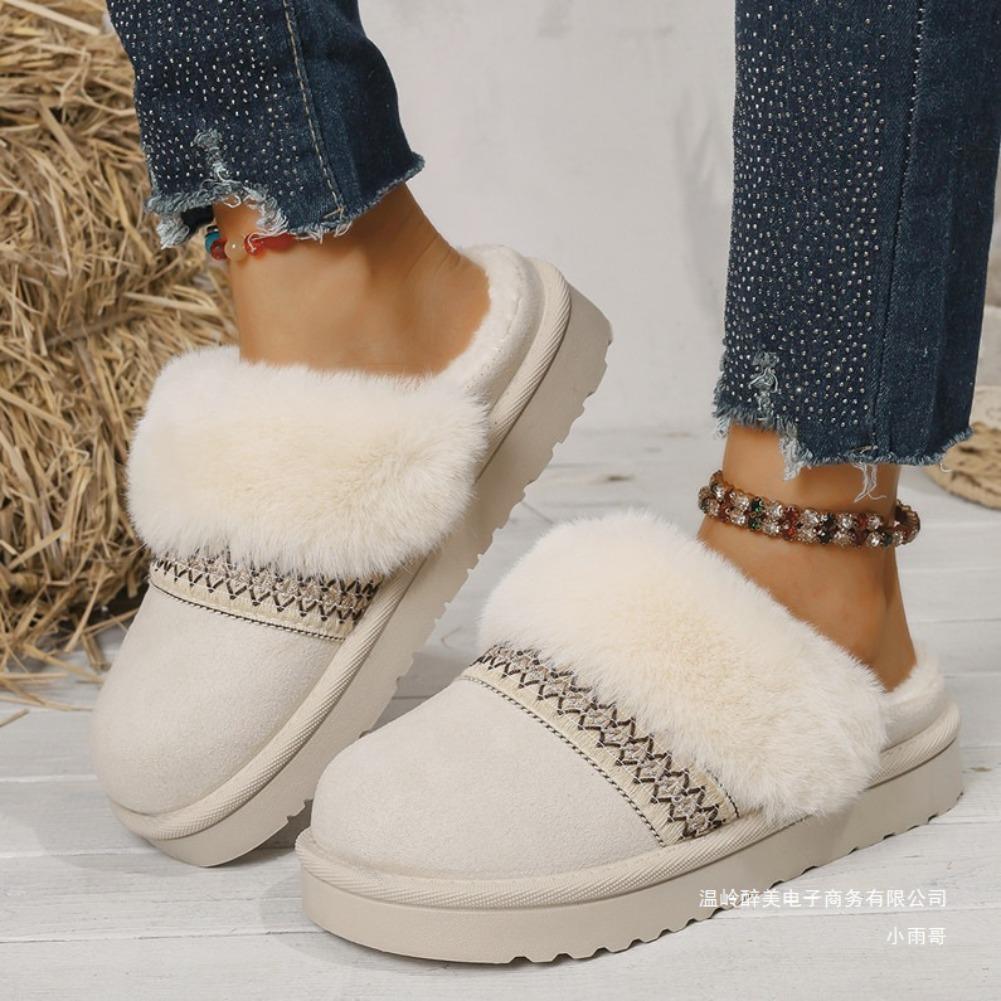 Fashion Bohemian Style Thick Bottom Cotton Shoes Women 2025 Winter Closed Toe Faux Fur Slippers Woman Slip On Outdoor Platform Shoes
