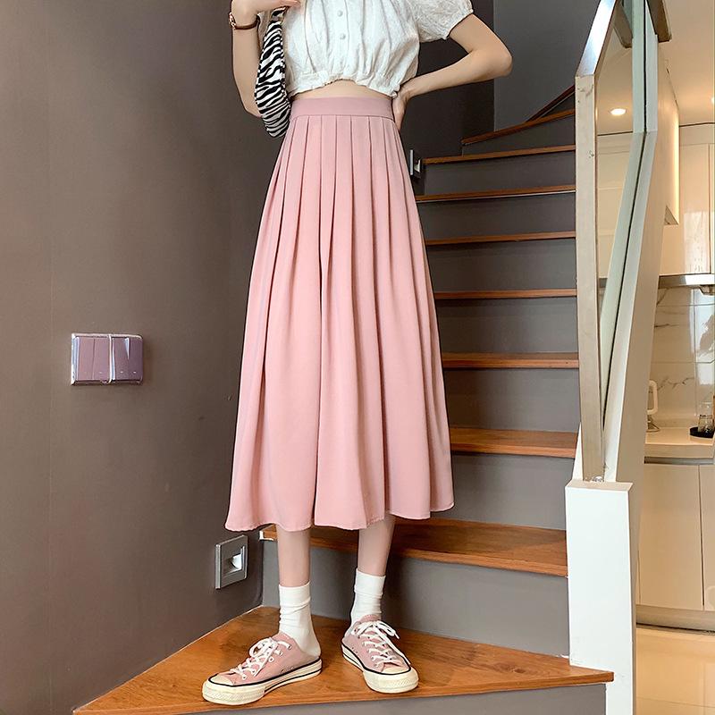 Pleated Skirt Women's Spring and Summer Solid Color Korean Version of The Mid-length Skirt Black High Waist A-line Skirt