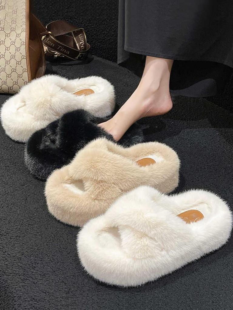 2025 Spring Women's Fuzzy Slippers: Thick Sole, 7cm Height Boost, Korean Style for Petite Women, Perfect for Autumn/Winter Wear.