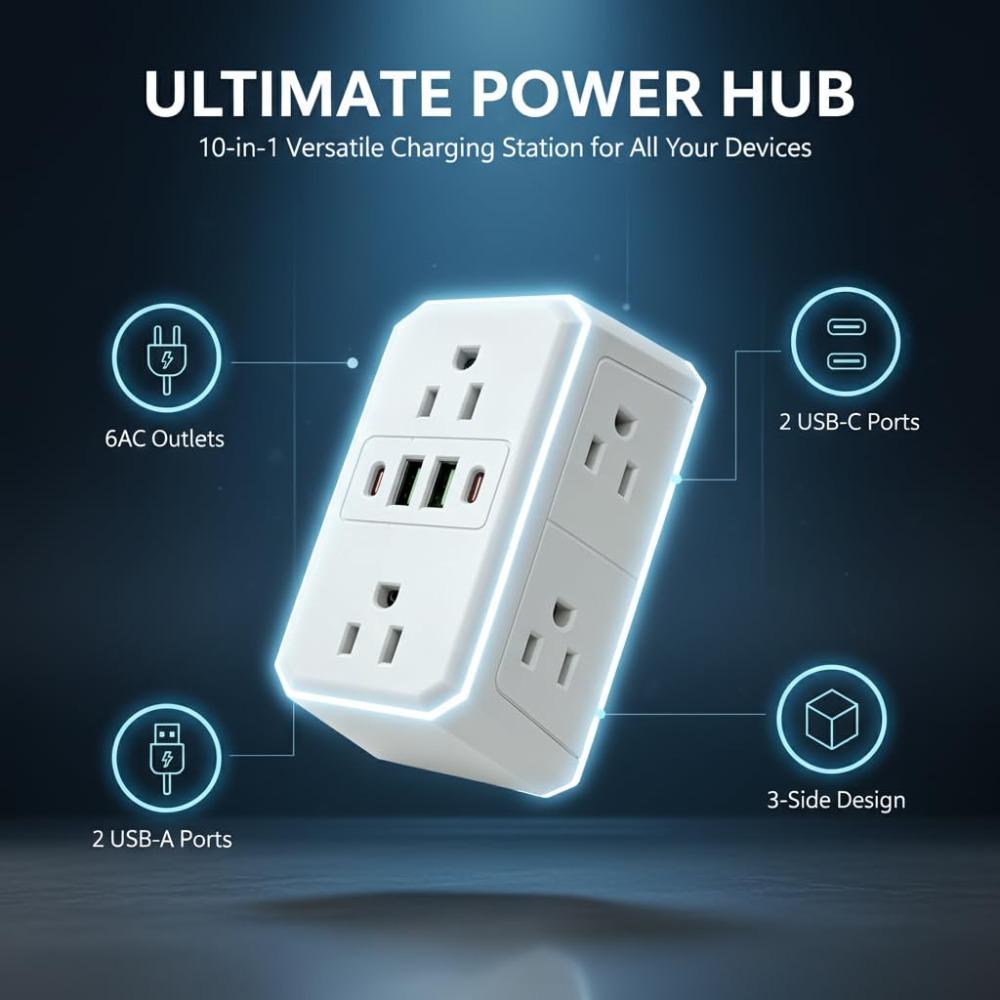 6-socket wall outlet extender with 4 USB ports (2 Type-C), three-sided surge protection socket extender, multi-plug power strip