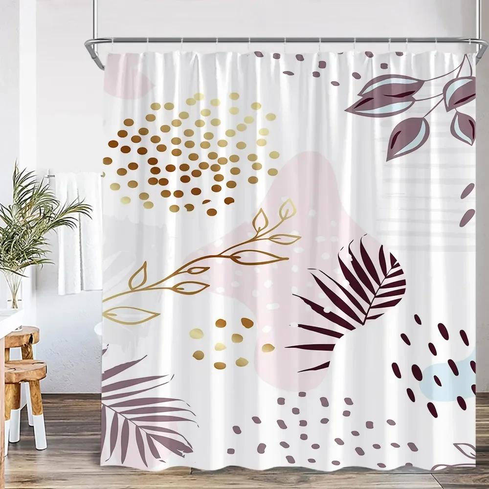 Vintage Abstract Shower Curtain Green Leaf Geometric Nordic Modern Bathtub Decorative Simple Polyester Shower Curtain with Hook