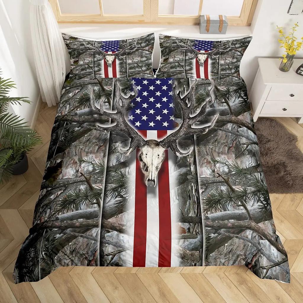 Antler King Queen Duvet Cover Whitetail Deer Bedding Set Wild Fawn Quilt Cover Countryside Rural Animal Brown Comforter Cover