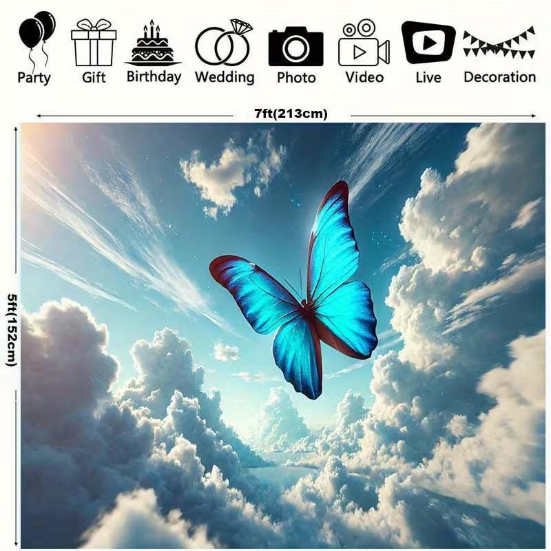 2D Flat Printing Blue Morpho Butterfly Backdrop Sky Cloud Party Background