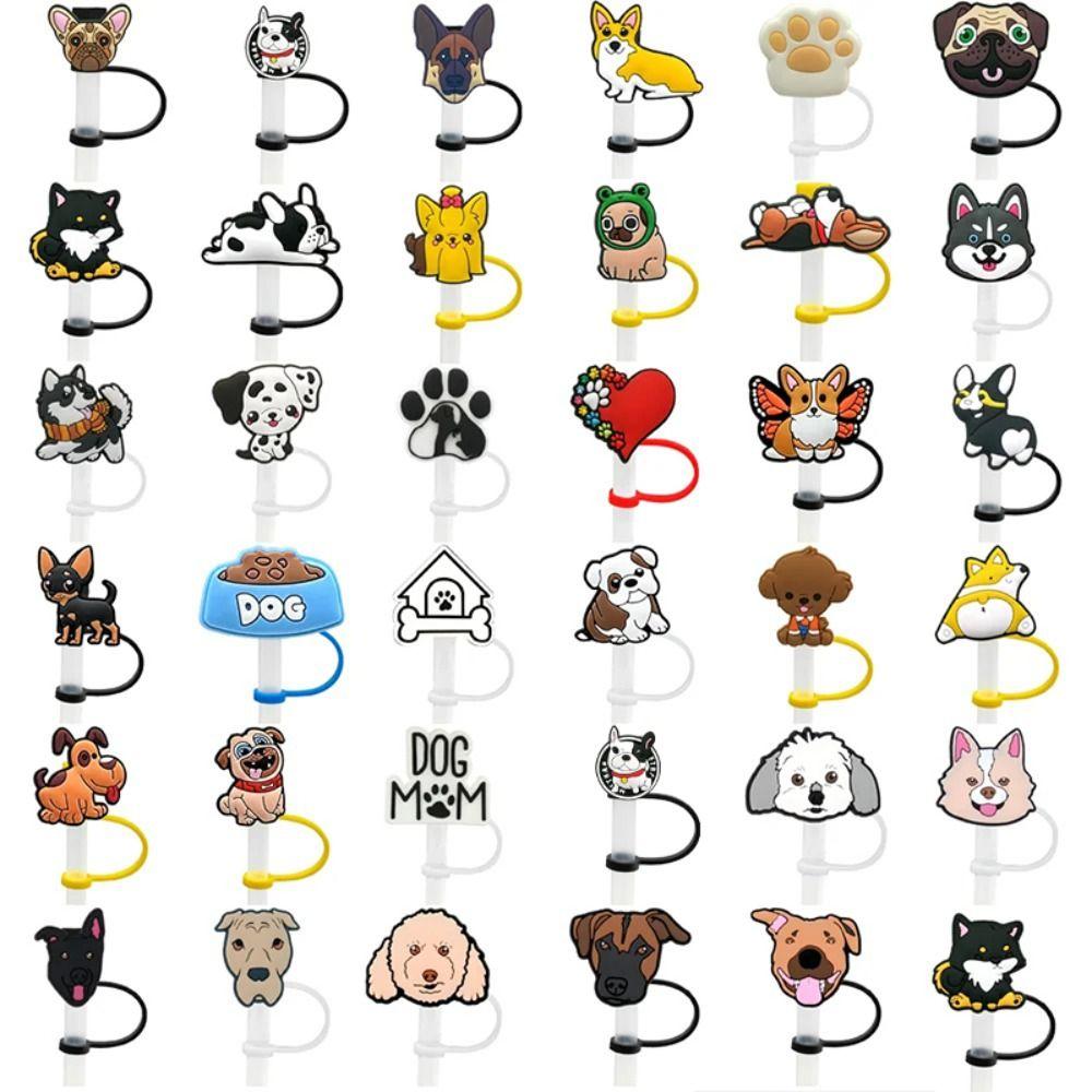 5 Stück Cartoon Hund Silikon Strohstopfen 10mm Strohspitzen Abdeckung Trinkhalm Staubkappe Partyzubehör