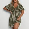 Mode Kurzarm Gestreift V-Ausschnitt Große Größe Kleid Elegante Damen Hohe Taille Lose Lässig A-Linie Party Kurzes Böhmisches Kleid Weibliche Damenbekleidung