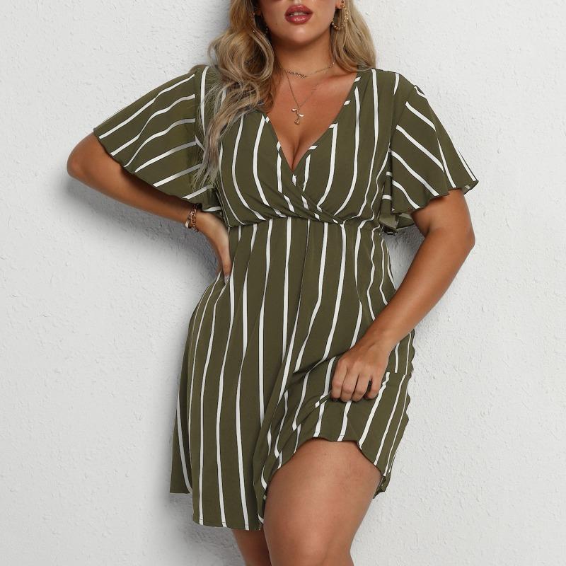 Mode Kurzarm Gestreift V-Ausschnitt Große Größe Kleid Elegante Damen Hohe Taille Lose Lässig A-Linie Party Kurzes Böhmisches Kleid Weibliche Damenbekleidung