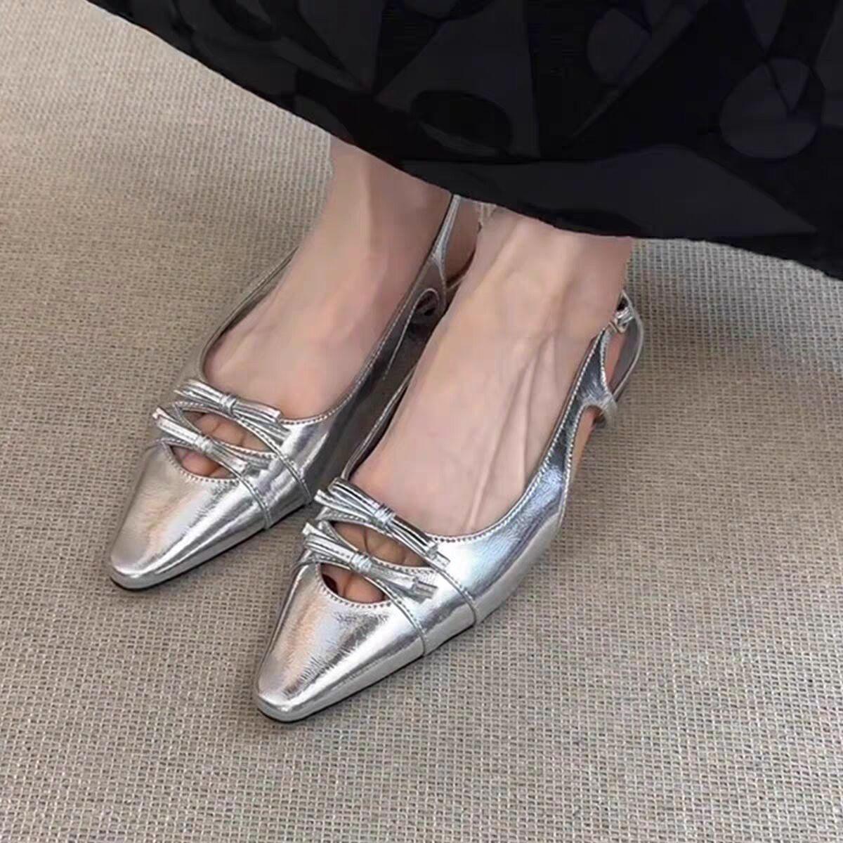 

Женские туфли-лодочки с вырезом и французским бантом, сандалии, лето 2025, новая универсальная модель с острым носком, темпераментные, на низком каблуке, с открытым носком 35