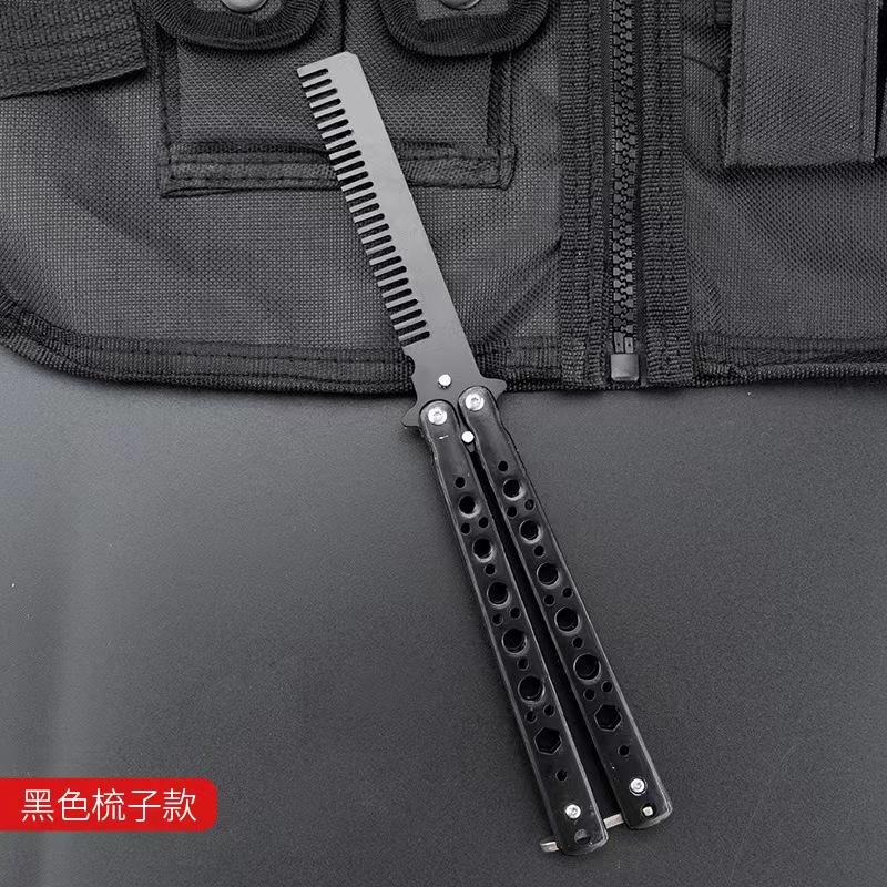 Professional Stainless Steel Folding Butterfly Knife Portable Training Beard Comb Hair Styling Tool for Salons and Practice Comb