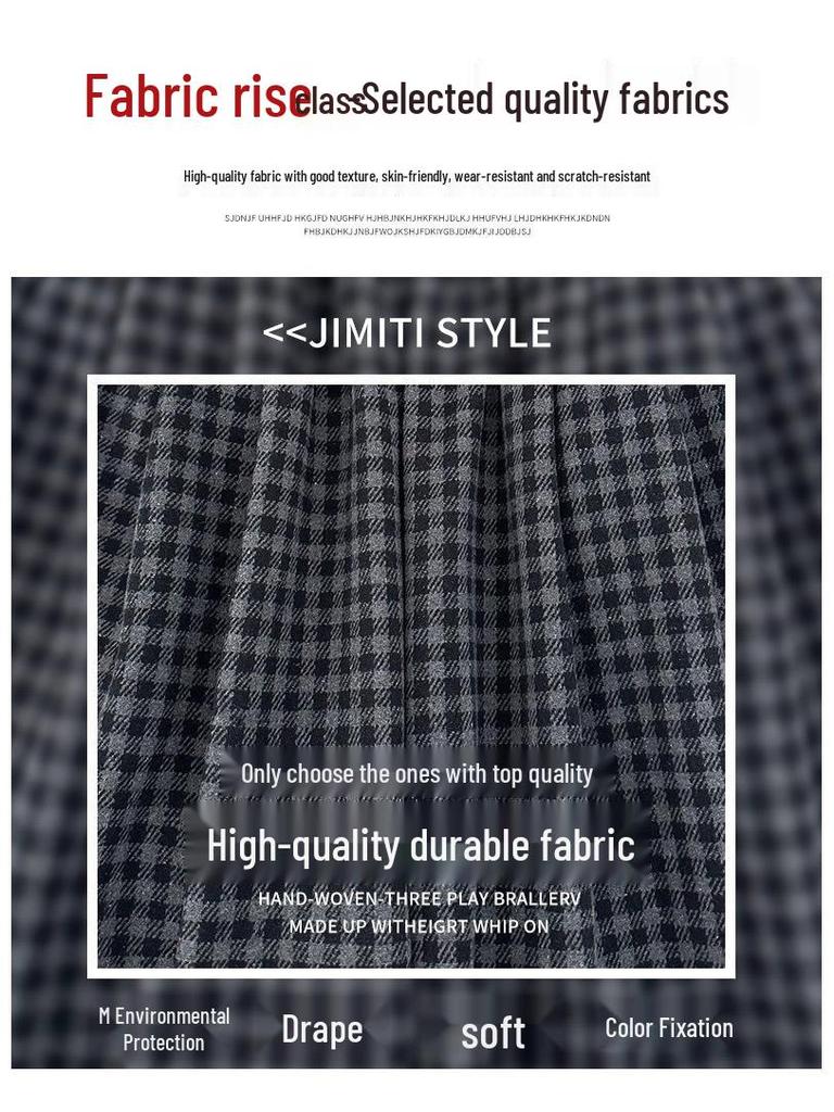 Women's 2025 Winter High-Waisted Gray Flannel Plaid Pants: Japanese Style, Petite Woolen, Straight Wide-Leg.