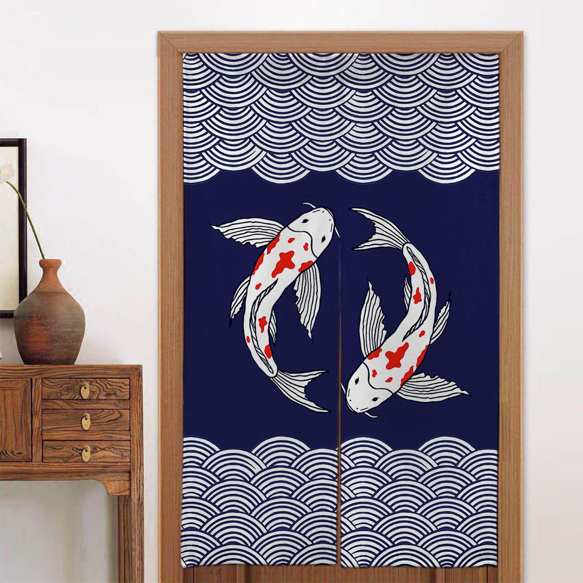 

1pc Japanese-Style Door Curtain - Easy Install Rod Pocket Design, 34x56 Inch, Navy Blue Koi Fish & Wave Pattern, Linen Blend Fab 65x100cm26x39in