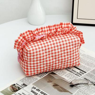 Portable Makeup Bag Quilted Design Plaid Pattern Makeup Brush Storage Bag Multifunctional with Zipper Travel Toiletry Bag