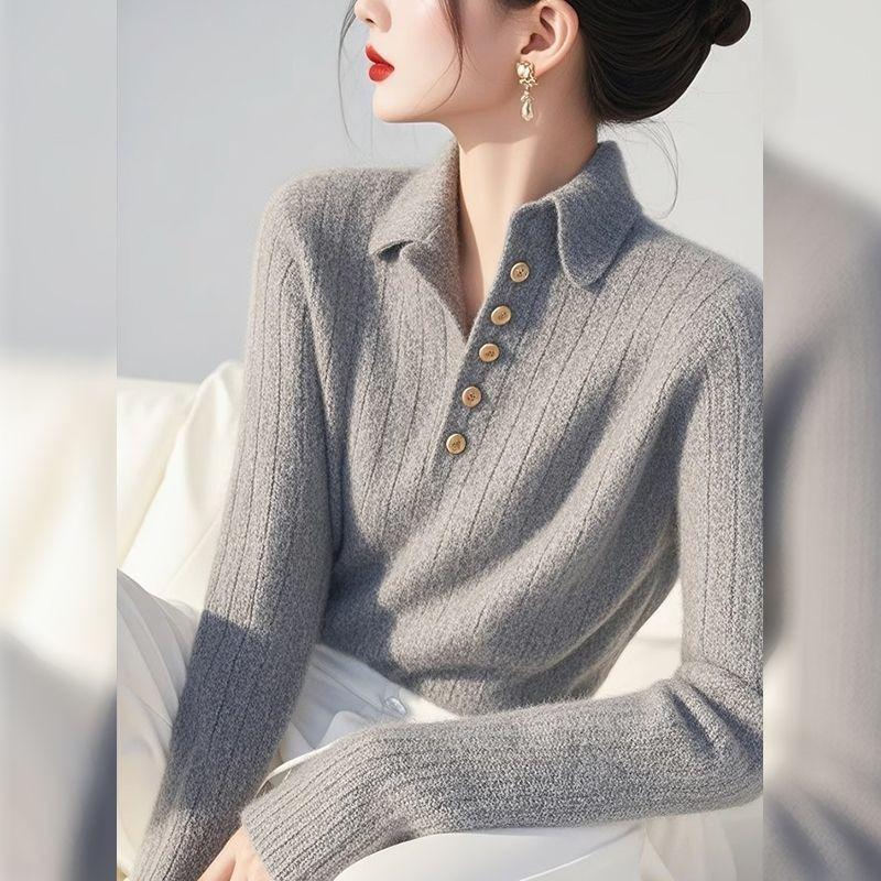 Gray Lapel Pullover Knitted Sweater Bottoming Shirt Women's Autumn and Winter New Waist and Thin Top
