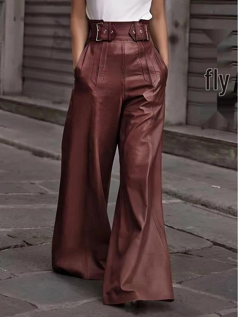 High Waist PU Leather Flare Pants with Pockets