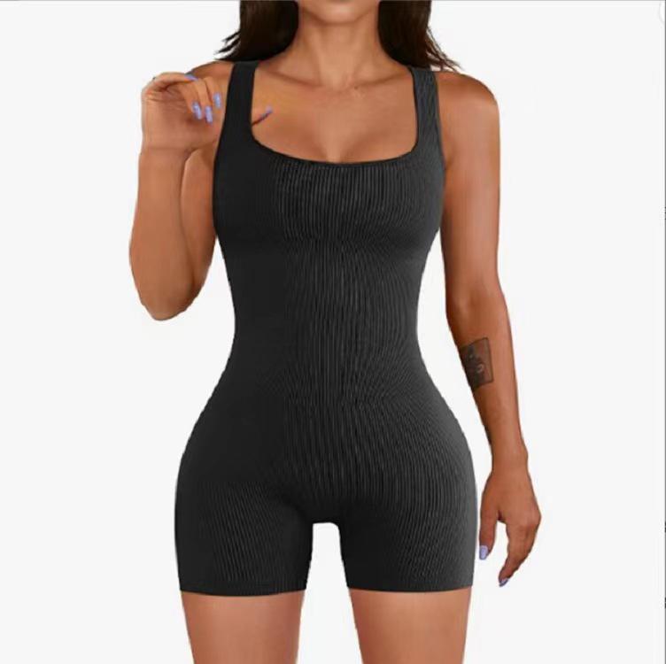 In-Stock Women's Seamless Square Neck Yoga Bodysuit: Quick-Drying, Breathable, Ribbed, Tight-Fitting One-Piece for Fitness & Body Shaping