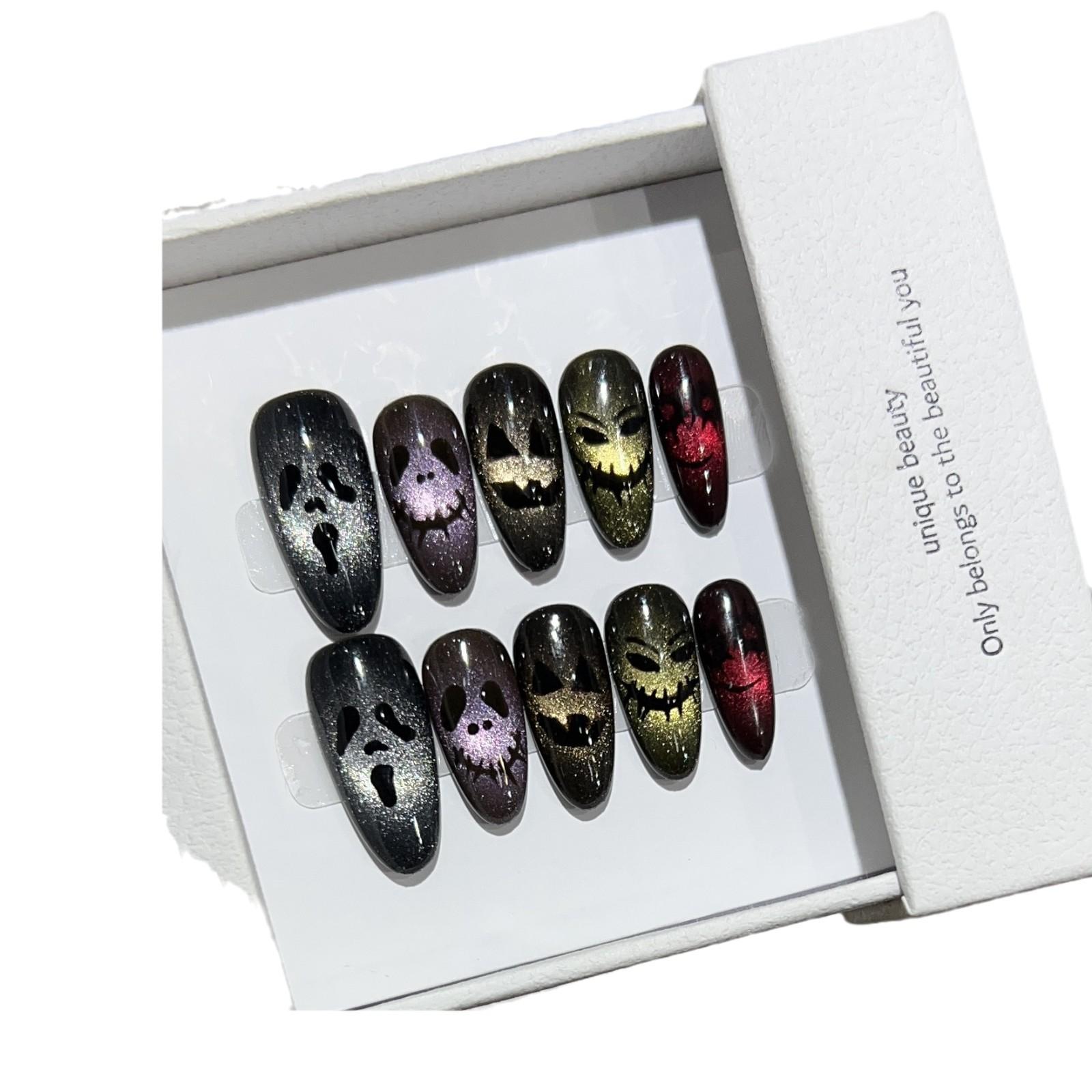 

Хэллоуин Носить Броню Персонализированный Нейл-арт «Кошачий глаз» Черный Темный Смешной Скелет Монстр Ручная роспись Съемная Короткая Броня Пленка Large L