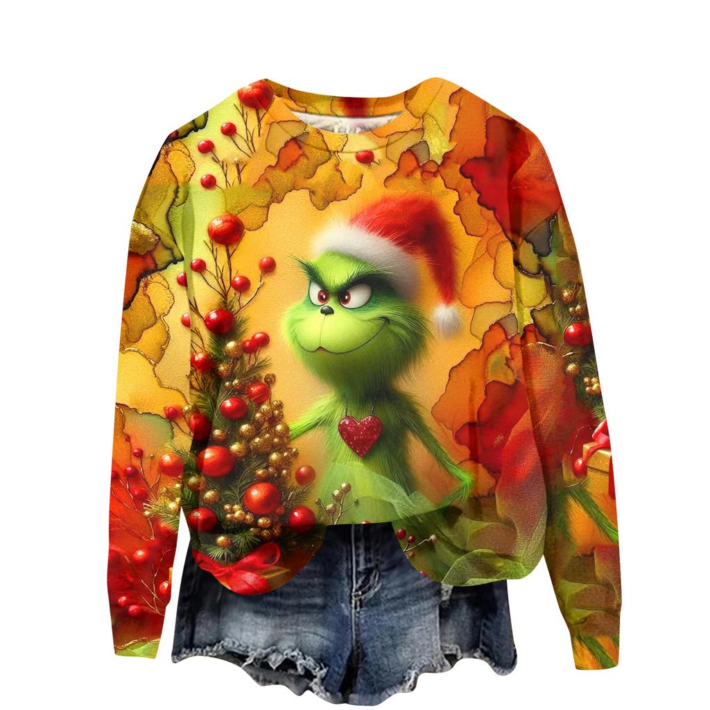 Ladies' Christmas Greentown Print Casual Long Sleeved Round Neck Sports Hoodie Top