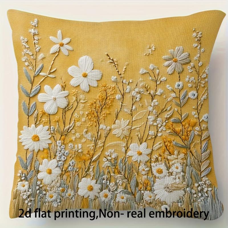 Gele Wildebloem Kussenhoes 2D Geborduurd Print Boho Botanische Kussensloop Voor Bank Bed Bank Gezellig Cottage Huisdecoratie Peach skin 18*18(CM)-1Pcs