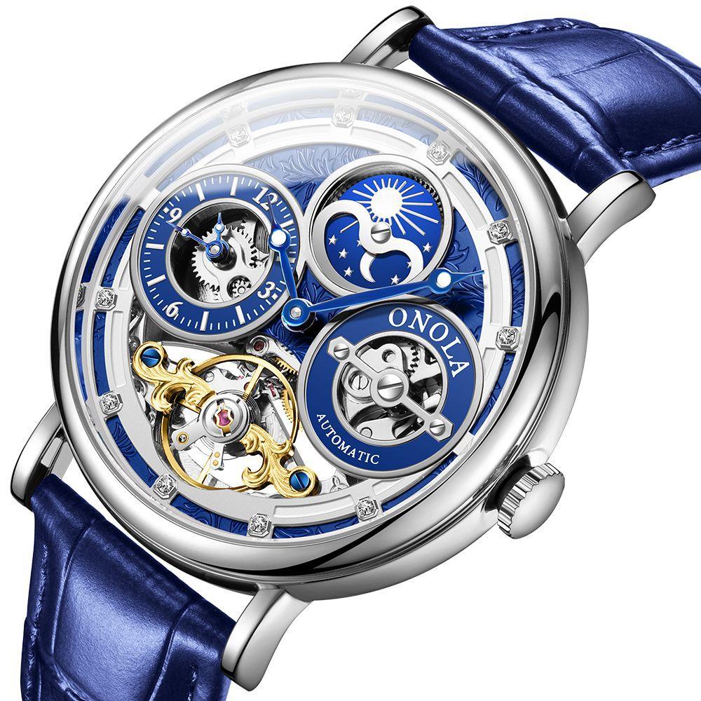 

Fashion ONOLA Men Automatic Mechanical Watch Men Stainless Steel Skeleton Wristwatch Men Leather Strap Watch синій