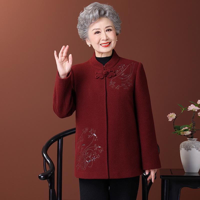 Wool Coat with Fleece Lining and Thickened Tang Suit for Elderly Women