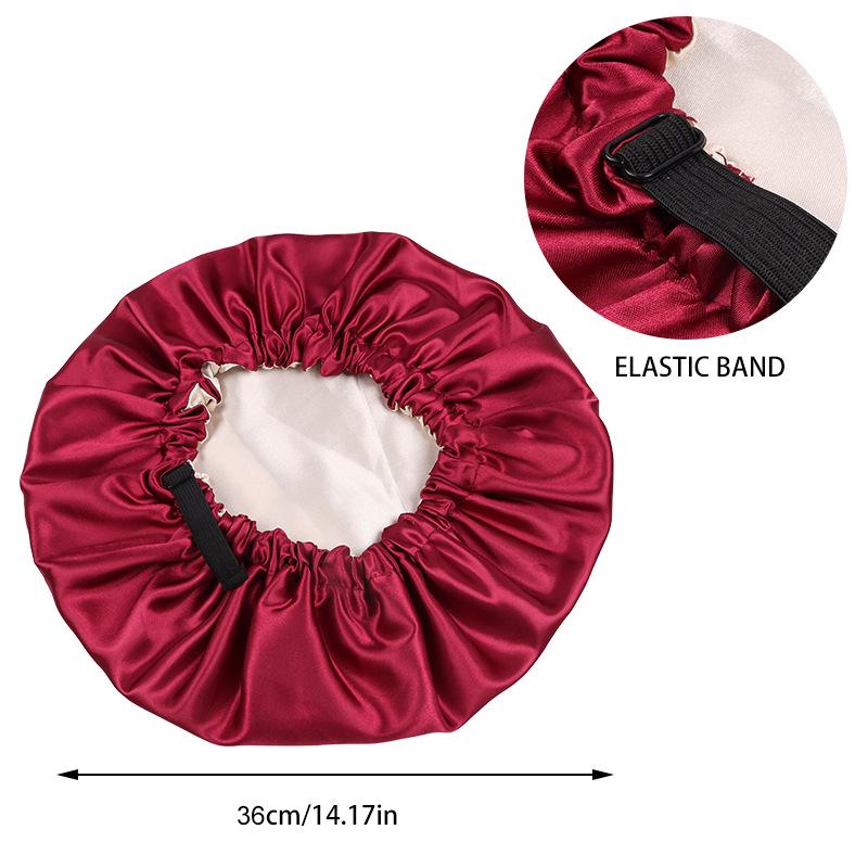 Dual-Layer Satin Sleep Cap with Adjustable Buckle, Reversible Solid Color Design - Elastic European/American Shower Cap