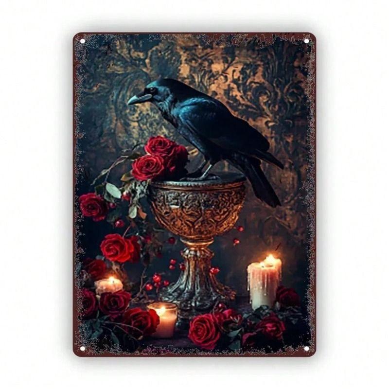 Metal Poster Raven Roses Wall Art Gothic Pub Decor Rustic Sign