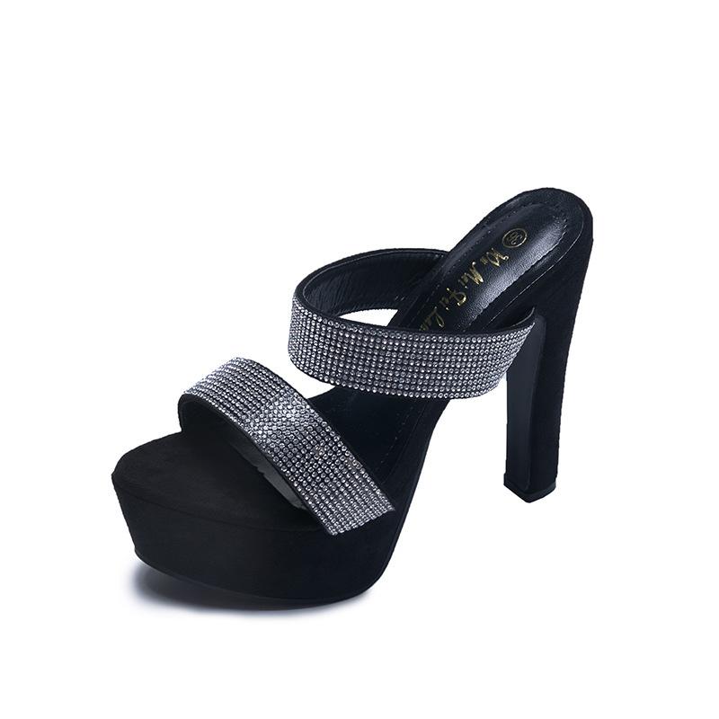 New Summer High Heels 14CM Waterproof Table Rhinestone Sandals One-word Slippers Sandals Model Catwalk Women's Shoes