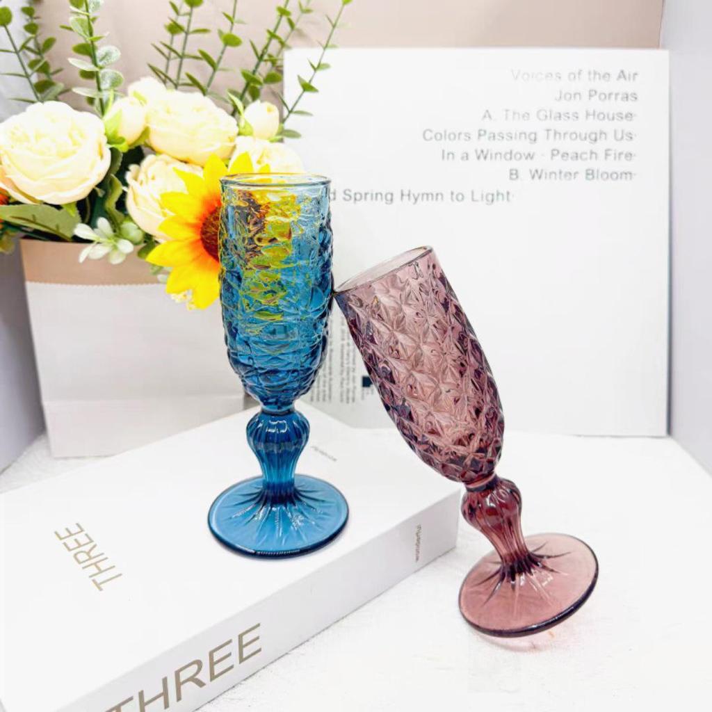 Vintage Embossed Colored Glass Goblet – Luxury Thickened Bubble Wine Glass