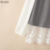 ZANZEA Women Casual Round Neck Long Sleeve Lace Splice Blouse